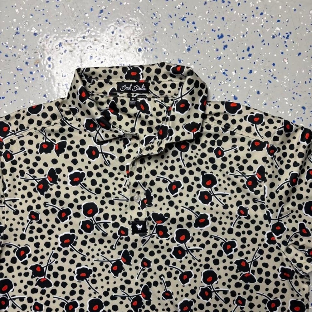 Bad Birdie Polo Shirt Mens Medium Cream Floral Rose Red Dots Performance
